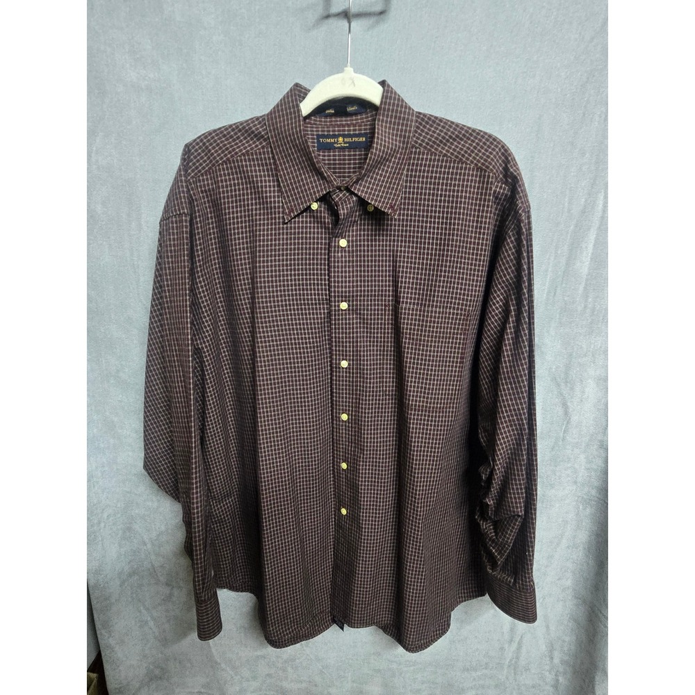 Tommy Hilfiger Gold Crest Mens 16.5 34 Burgundy Plaid Cotton Button Down Shirt